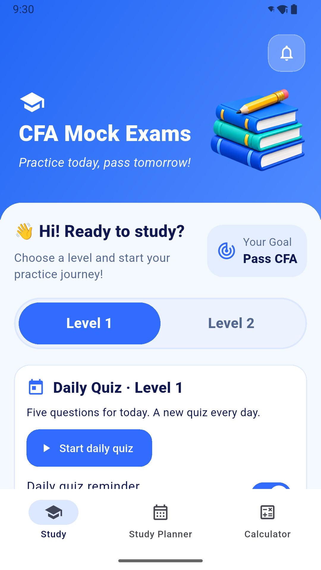 CFA Mock Exams Android app with Level 1 and Level 2 options, daily quizzes, Study Planner and Calculator tabs