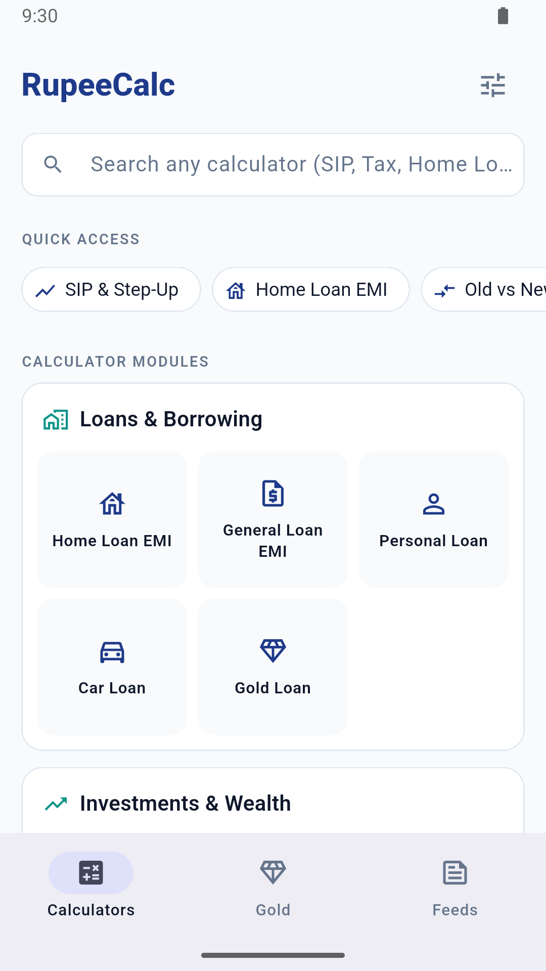 Finance Calculator Android app showing its calculator categories and search