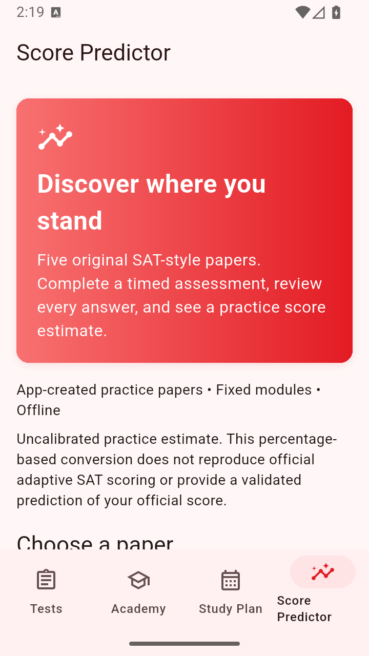 SAT Mock Test Android app showing the Score Predictor and four learning tabs